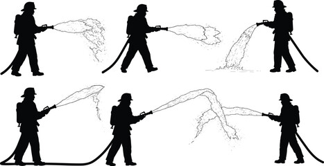 Silhouette of firefighters battling a blaze with a fire hose, spraying water during an emergency, rescue, or training exercise.