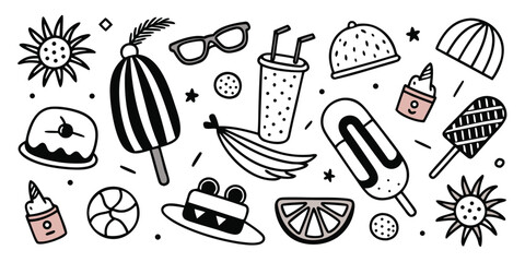 Whimsical summer doodle art collection featuring ice cream sun sunglasses and fruit for a fun vacation vibe