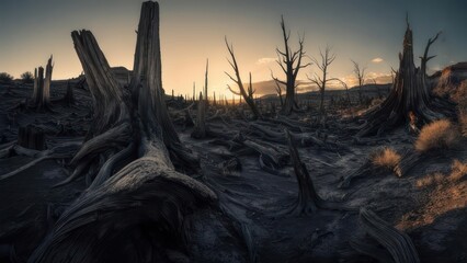 Dead tree stumps in desert landscape at sunset