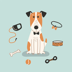 Vector illustration of a cartoon Jack Russell Terrier wearing a bow tie, sitting among his toys. Perfect for dog grooming-related designs, hand-drawn flat style.