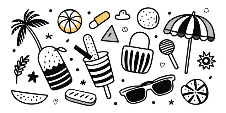 Doodle beach summer fun collection palm tree popsicles sunglasses beach ball umbrella sun