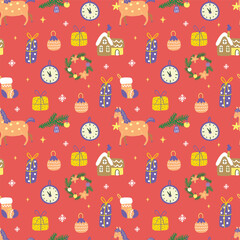 Seamless Christmas pattern on a red background. Hand-drawn in flat style.