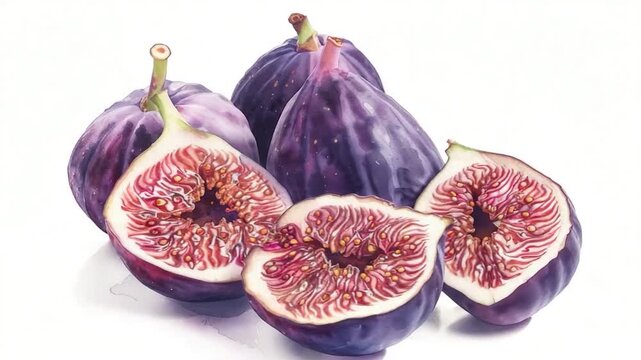 A close-up view of ripe figs arranged on a white surface