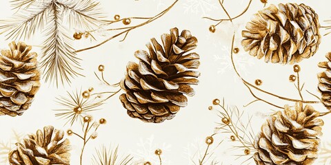 A seamless pattern with gold foil pine cones