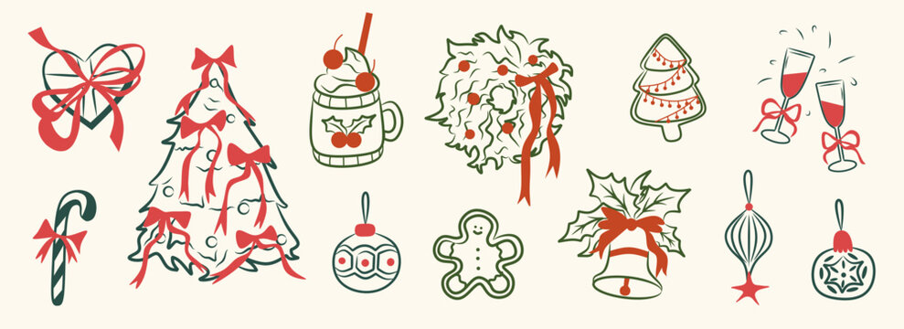 Whimsical Christmas doodle line art festive and holiday icon. Green, red, pink elements illustrations for sale, promotion, branding, labels, posters, cards, invitation, greeting card, social media.