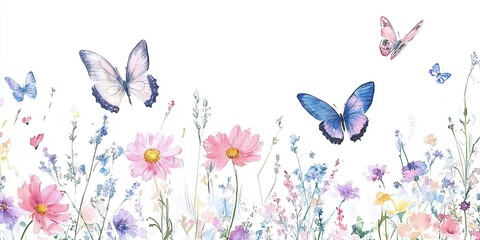 A seamless pattern with watercolor wildflowers and butterflies
