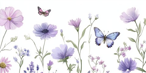 A seamless pattern with watercolor wildflowers and butterflies