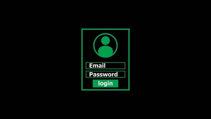 Simple login interface design with icon email and password fields and login button lime green color animation. black background 4k video.
