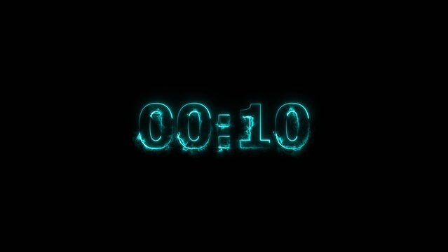 Countdown 10 second neon bright cyan color 4k illustration. black background 4k illustration.
