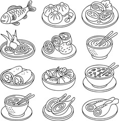 Vector Line Art of Asian Cuisine Dishes