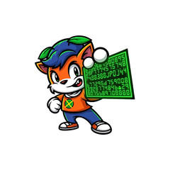 Cartoon character with green leaves on head holding a digital board with numbers, showcasing tech skills