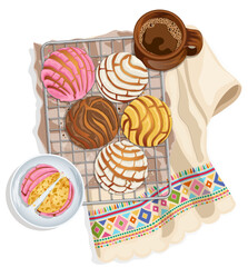 Concha Pan Dulce with Champurrado – Mexican Sweet Bread on Cooling Rack with Kitchen Towel and Halved Strawberry Concha Illustration