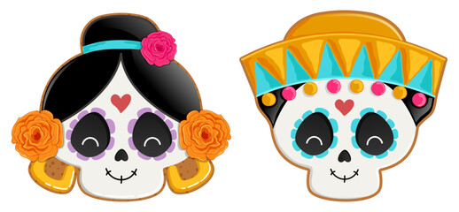 Sugar Skull Gingerbread Cookies with Flowers and Sombrero Icing - Dia De Los Muertos Biscuits Illustration
