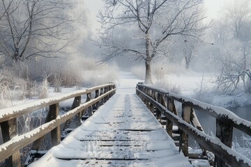 Wooden bridge covered with snow over a river stream. Neural network ai generated