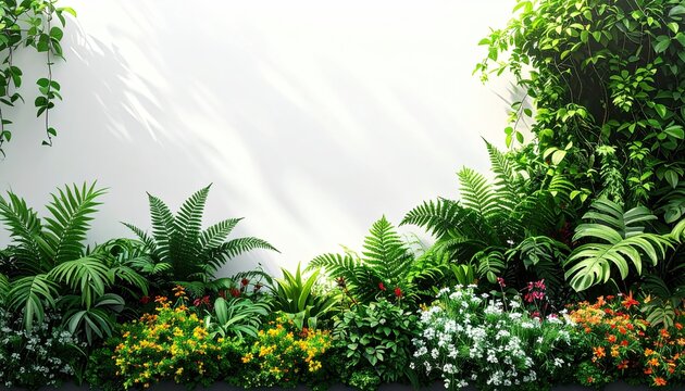 Lush tropical foliage and flowering plants frame a bright white wall, bathed in sunlight - Powered by Adobe