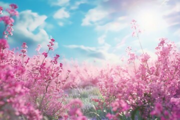 Obraz premium Purple lavender flowers on sunny beautiful nature spring background. Summer scene with fresh lavandula flower of lilac color. Neural network ai generated