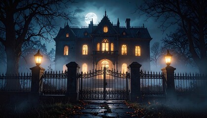 Horror movie posters, Spooky Vintage Mansion Exteriors at Night, Haunted mansion background, spooky haunted house night, mysterious haunted castle illustration for Halloween design, Mystery novel cove