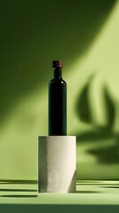 Elegant dark liquid bottle on textured pedestal, modern studio aesthetic