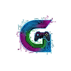 Colorful circuit board design featuring a stylized letter G and a game controller, symbolizing gaming technology