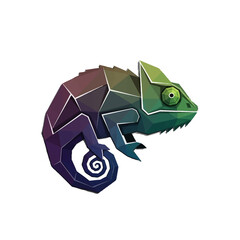 Colorful geometric chameleon illustration on a white background, showcasing vibrant hues and angular design