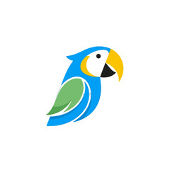Colorful parrot illustration featuring vibrant blue and green feathers on a white background