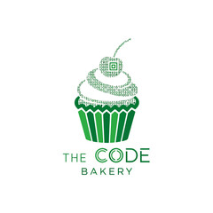 Digital cupcake design featuring binary code, symbolizing tech and baking fusion in a modern setting