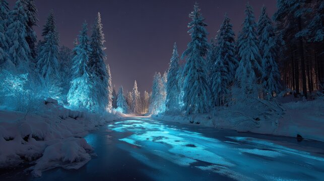 Mystical frozen river running through a snow-laden forest, glowing magical lights along the banks, wide-angle cinematic composition, negative space in foreground