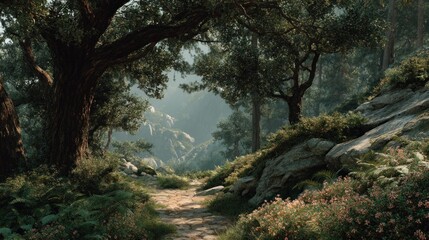 Serene Pathway Through Lush Forest with Sun Dappled Rocks and Trees