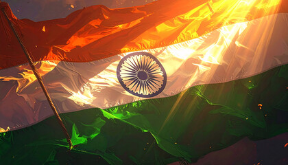Indian flag glowing with sunlight and Ashoka Chakra detail