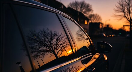 Obraz premium Vibrant Golden Hour Sunset Reflected in Dark Car Window, Silhouetting a Bare Tree Against an Urban Dusk Sky