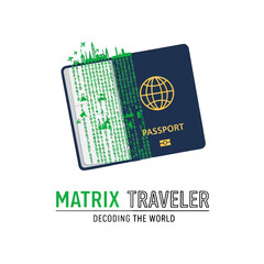 Digital passport design featuring binary code, green landscapes, and a globe, symbolizing travel and exploration