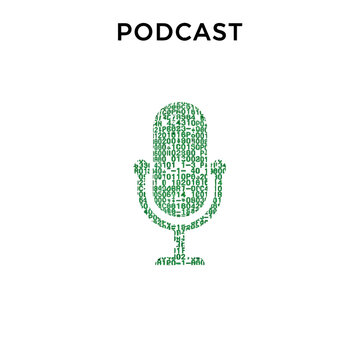 Digital microphone icon made of binary code representing a podcast theme on a clean background