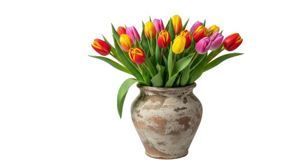 Bright Multi-colored Tulips Bouquet in a Rustic Terracotta Vase Isolated Product Shot