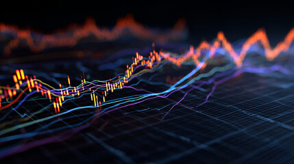 Abstract financial data visualization with lines and candlestick charts on dark background