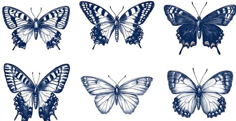 A set of hand-drawn illustration designs featuring various butterfly species 