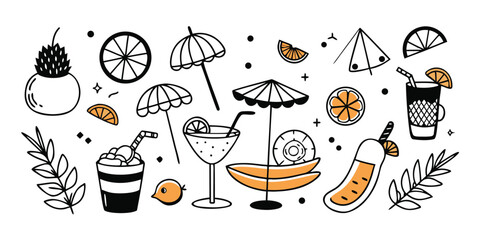 Tropical summer vibes collection of refreshing drinks and beach elements doodle art