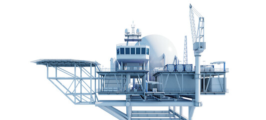 Innovative engineering design for a gas liquefaction facility built on an offshore platform. Isolated on transparent background. 3D illustration.