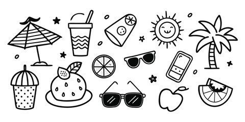 Whimsical hand-drawn summer icons featuring beach umbrella drinks sun palm tree sunglasses apple