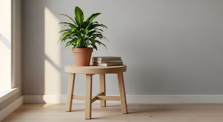 A modern wooden stool used as a side table with a plant, placed neatly in a small room