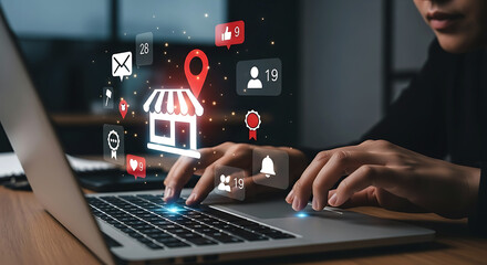 Woman typing on a laptop keyboard showing social media notifications and a storefront icon representing online business and digital marketing strategies