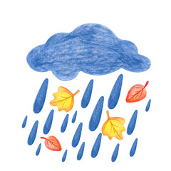 Pencil drawing of a dark blue rain cloud with falling raindrops and swirling autumn leaves. The illustration is isolated on a white background. A painted image of despondency and melancholy. Cry
