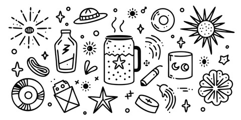 Hand drawn summer beach elements collection fun icons sun hat drink ice cream starfish and more