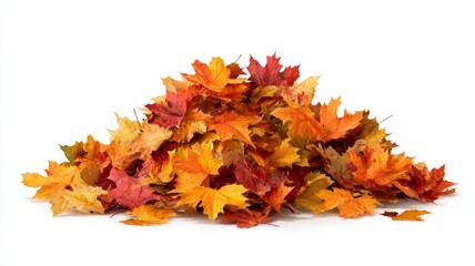 Pile of vibrant autumn leaves on white background. Neural network AI generated