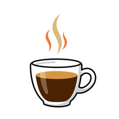 A steaming cup of rich, dark espresso coffee in a clear glass mug with a handle.