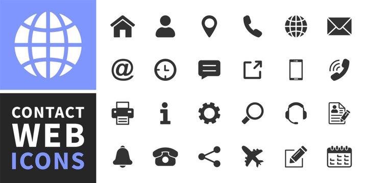 Web icon set. Collection of contact and website icons. Home, location, call, at, email, address, globe, chat, message, mail, telephone, information, support, search. Editable stroke. Contact us icons