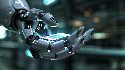 Robotic hand holding a holographic quantum chip, realistic