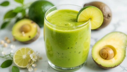 Fresh Avocado Smoothie Served in a Clear Glass With Lime Slice on Top, Surrounded by Avocados and Lime on a Marble Countertop