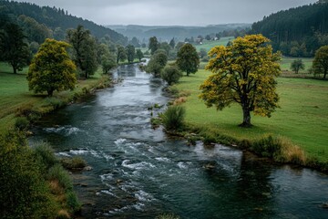 serene landscape with a river winding along the riverbank, overcast sky, cinematic