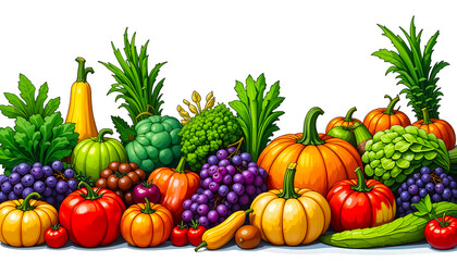 Colorful Display of Fresh Vegetables and Fruits in a Vibrant Arrangement on a Plain Background