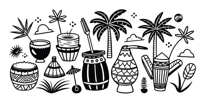 Tropical beach summer vibes collection of festive drinkware and palm trees for fun